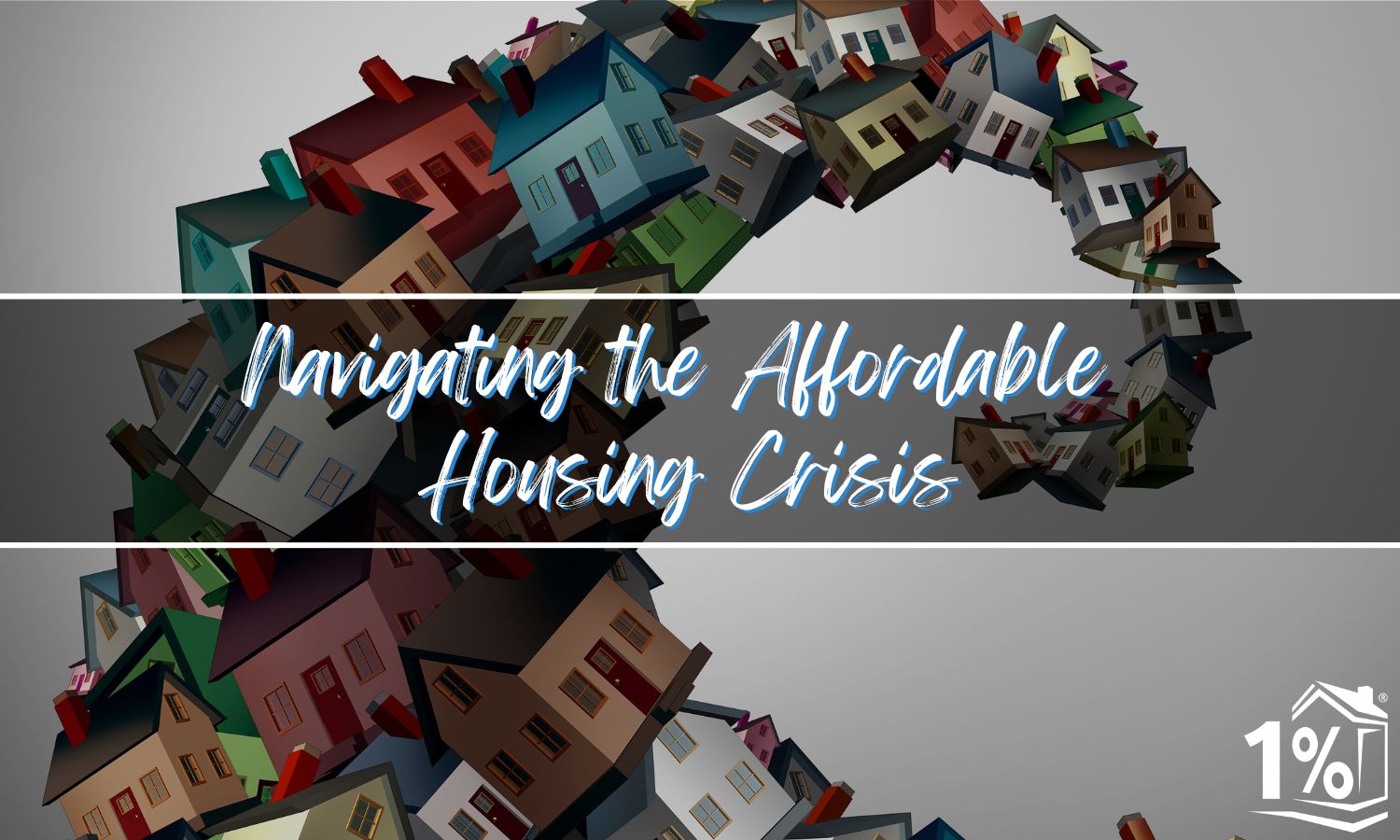 Graphic with various small house illustrations and the text 'Navigating the Affordable Housing Crisis'